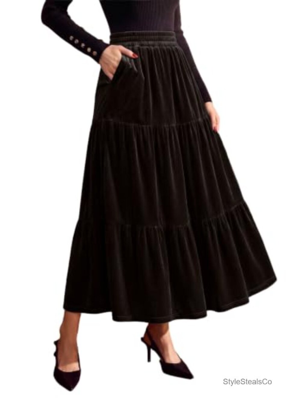 Women's Velvet Maxi Skirt High Waisted A-Line Ruffled with Pockets